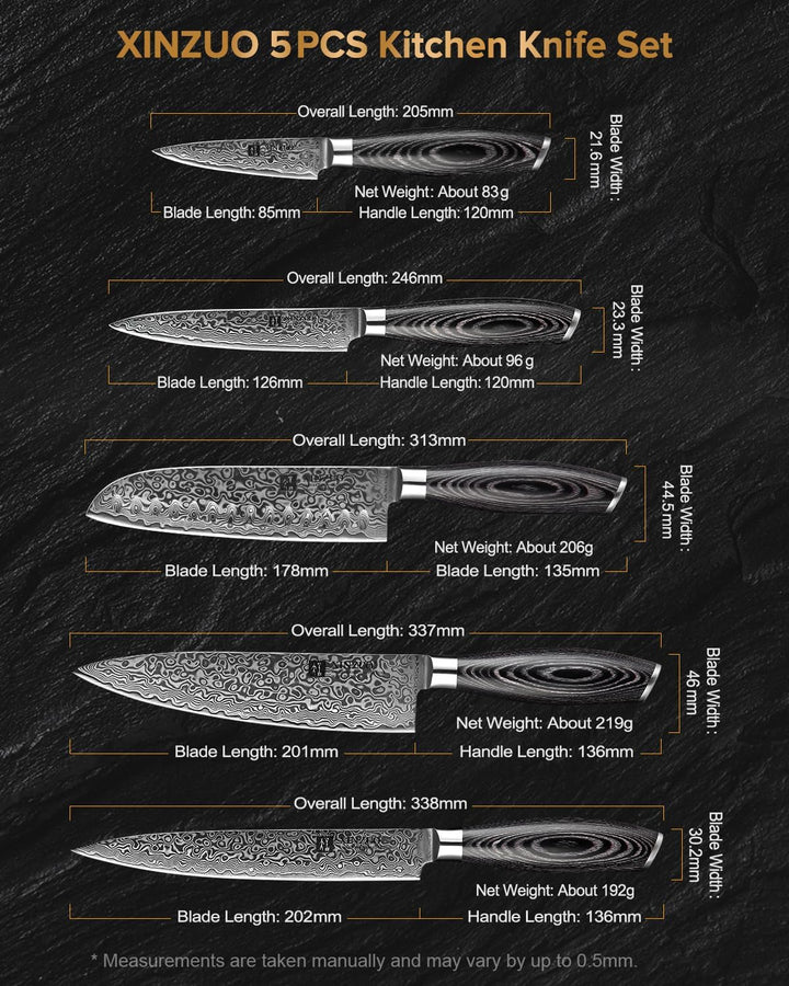 XINZUO 5er Damastmesser Set küchenmesser 67 Schichten Damaststahl Kochmesser Messerset mit Pakkawood