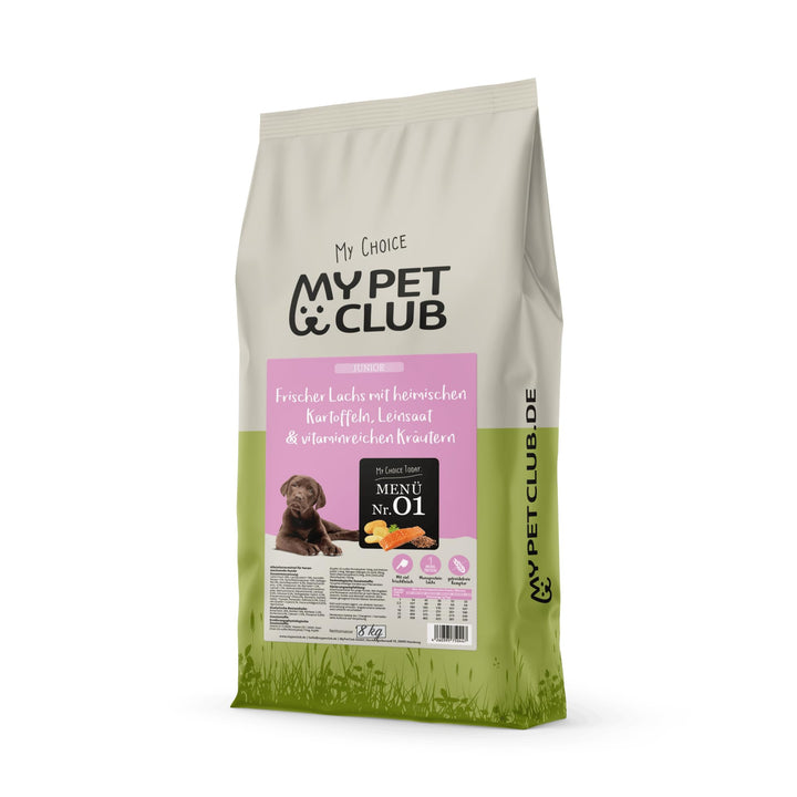 MyPetClub Premium Welpen (1 x 8 kg) Junior Trockenfutter getreidefrei mit Lachs | Hypoallergenes Wel