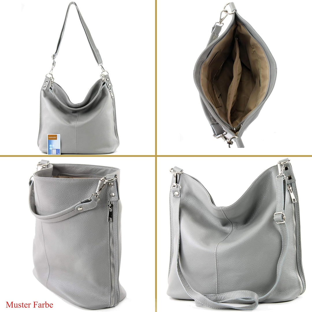 modamoda de - T177 - ital. Damen Schultertasche aus Leder Graphitgrau, Graphitgrau