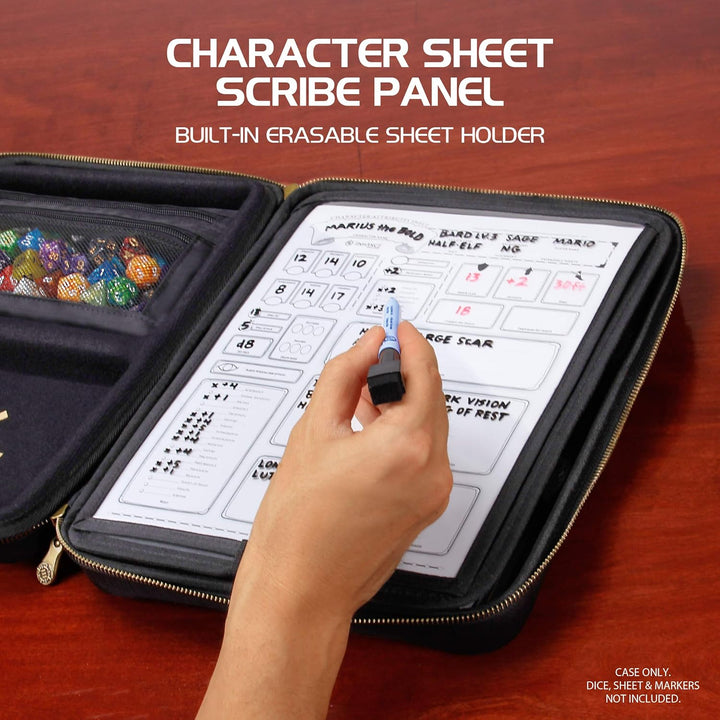 ENHANCE RPG-Organizer-Etui – DND-Ordner mit integriertem Charakterbogenhalter, Würfelrollbereich, he
