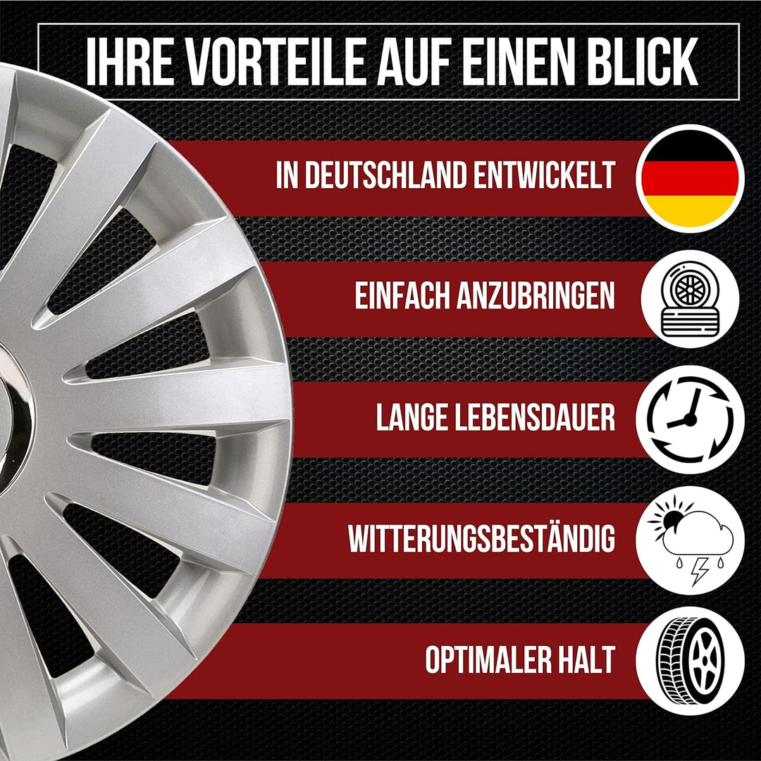 Albrecht 15 Zoll Radkappen silber für Stahlfelgen - Sail Radzierblenden aus hochwertigem Kunststoff