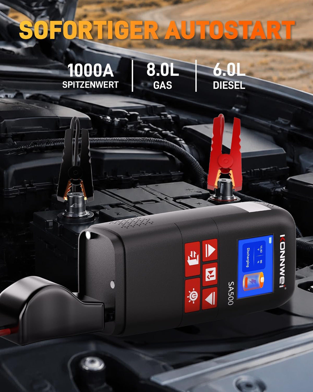 KONNWEI 4-in-1 Starthilfe Powerbank für PKW mit Kompressor | Batteriestarter mit LED-Licht und Power