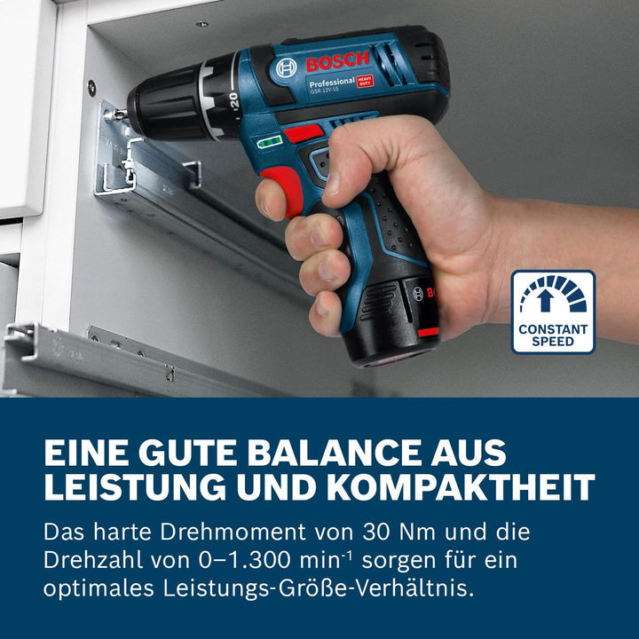 Bosch Professional 12V System Akku Bohrschrauber GSR 12V-15 (inkl. 39 tlg. Zubehörset, 2.0Ah Akku, 4
