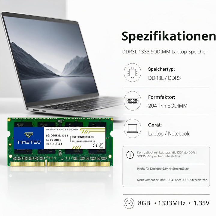 Timetec 16 GB KIT (2 x 8 GB) DDR3L 1333 MHz PC3-10600 Nicht-ECC ungepuffert 1,35 V CL9 2Rx8 Dual Ran
