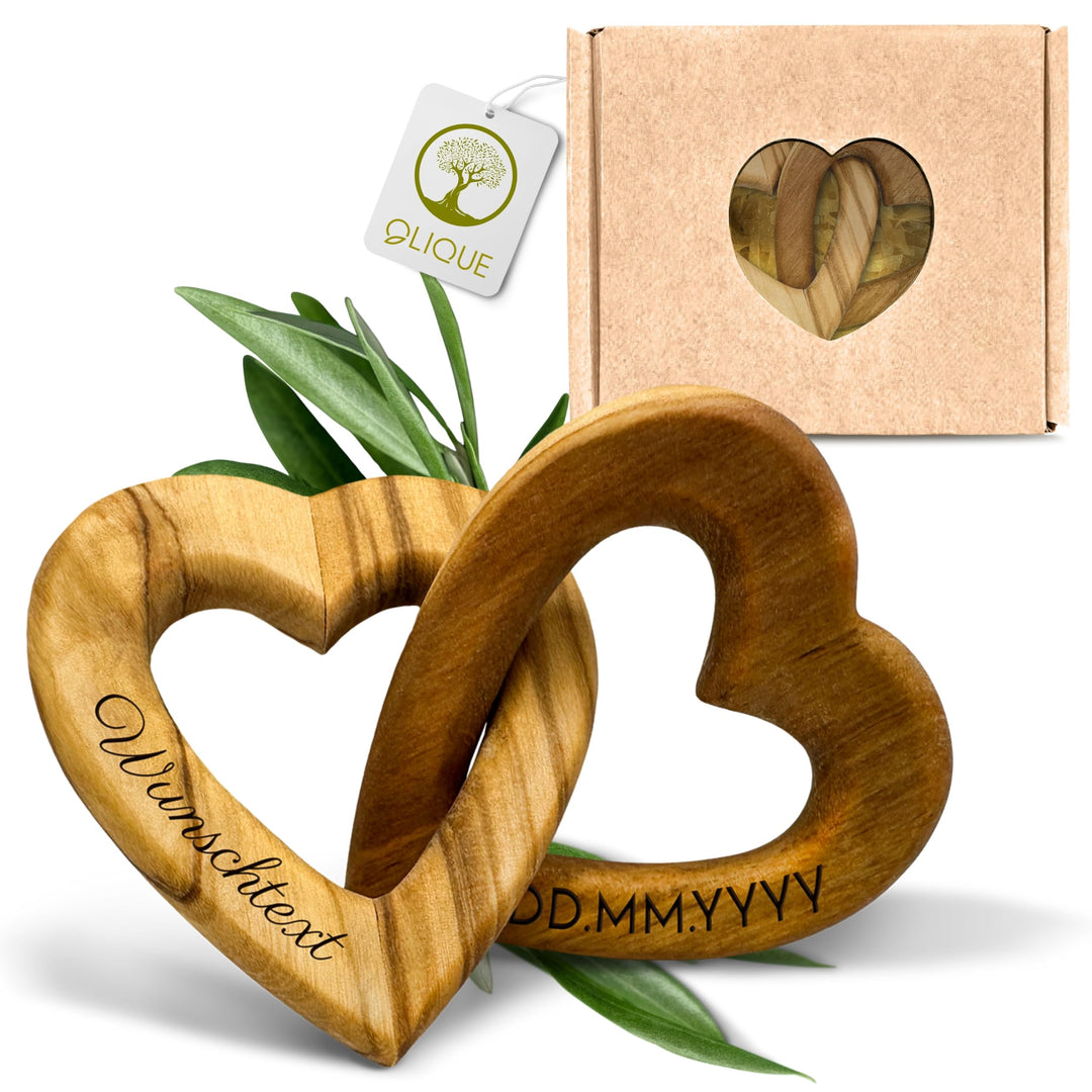 Holzherzen personalisiert, Olivenholz - Verbundene Holz Herzen mit Gravur als individuelles Geschenk