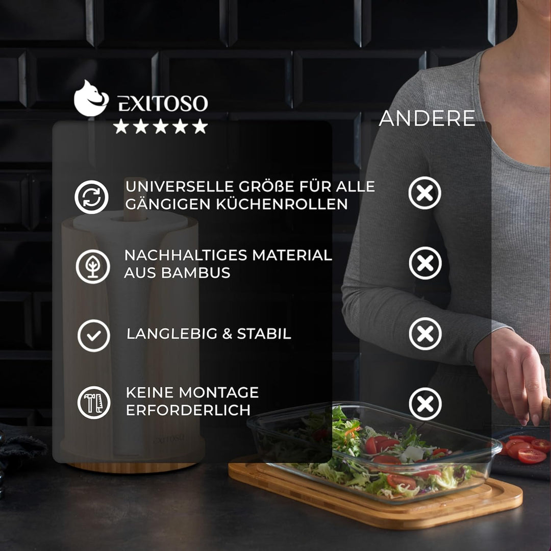 Exitoso Küchenrollenhalter aus Bambus | Küchenpapierhalter Holz für standard Küchenrollen, stehend |