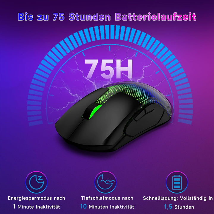 Gaming Maus Kabellos, 12K DPI, 2,4g/USB-C/Bluetooth 5.3 Gaming Mouse, GrossE RGB-Hintergrundbeleucht