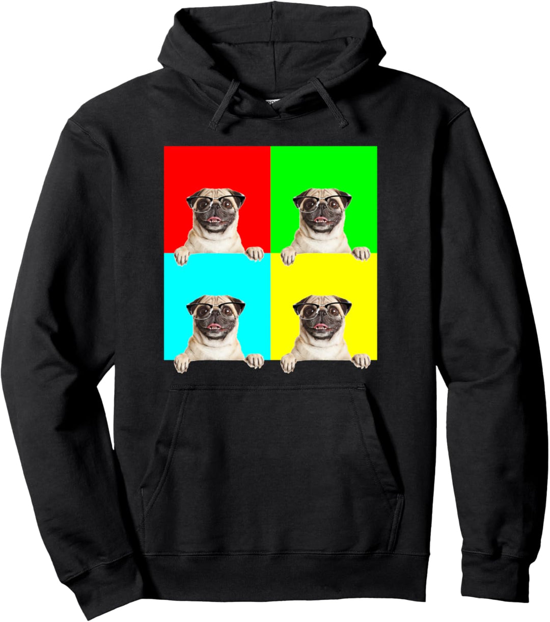 Pop Art Dog Pug w Glasses Pullover Hoodie