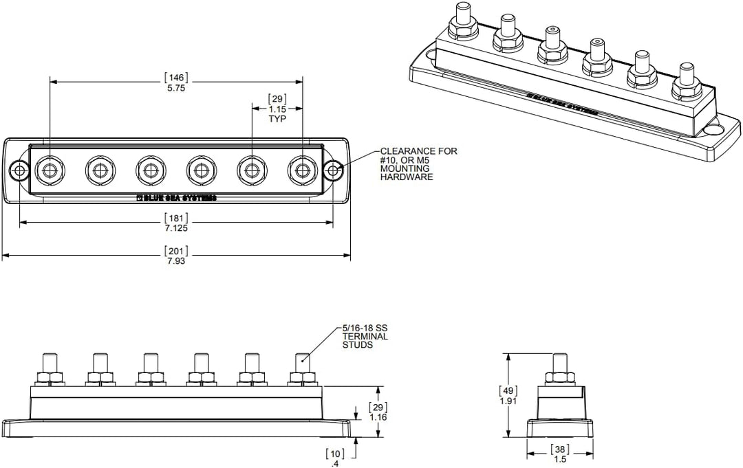 Blue Sea Systems Mini-Sammelschiene, 100 A, 1 Stück 250a, 6 Noppen ohne Abdeckung, 250a, 6 Noppen oh
