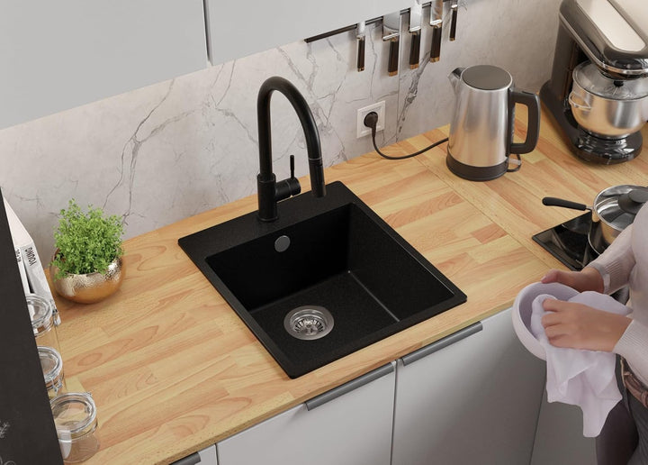 PRIMAGRAN Granitspüle Alles Schwarz 43x50cm, Spülbecken 1 Becken + Küchenarmatur 40x20cm + Zuberhor-
