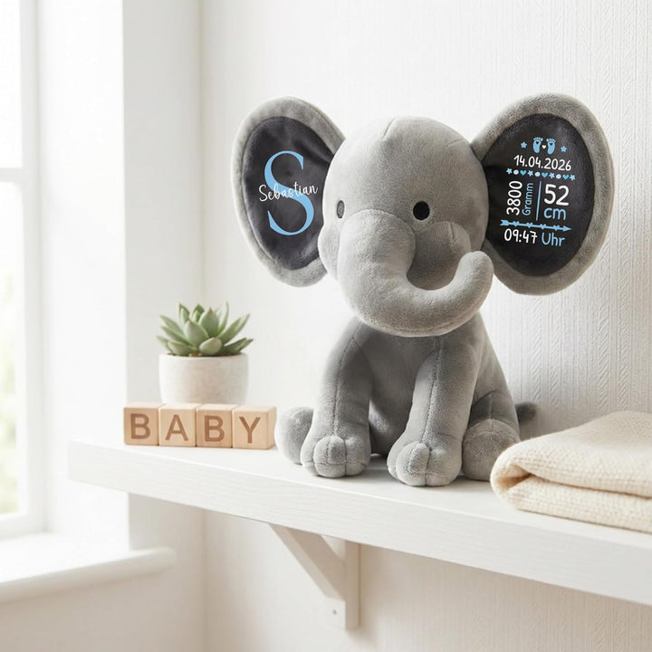 Plüschtier - Personalisiertes Babygeschenk zur Geburt Junge DEKO Elefant Kuscheltier mit Geburtsdate