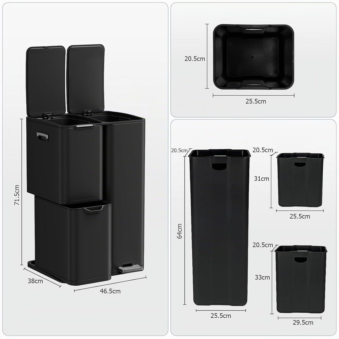 LIFERUN Mülleimer 3 Fächer, 60L Mülltrennsystem (30 + 17 + 13 L) mit Softclose Deckel, Abfalleimer K