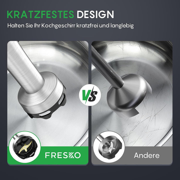 FRESKO Stabmixer 1000W mit Zubehör Set, Pürierstab Edelstahl inkl. Schneebesen, 500ml Zerkleinerer,