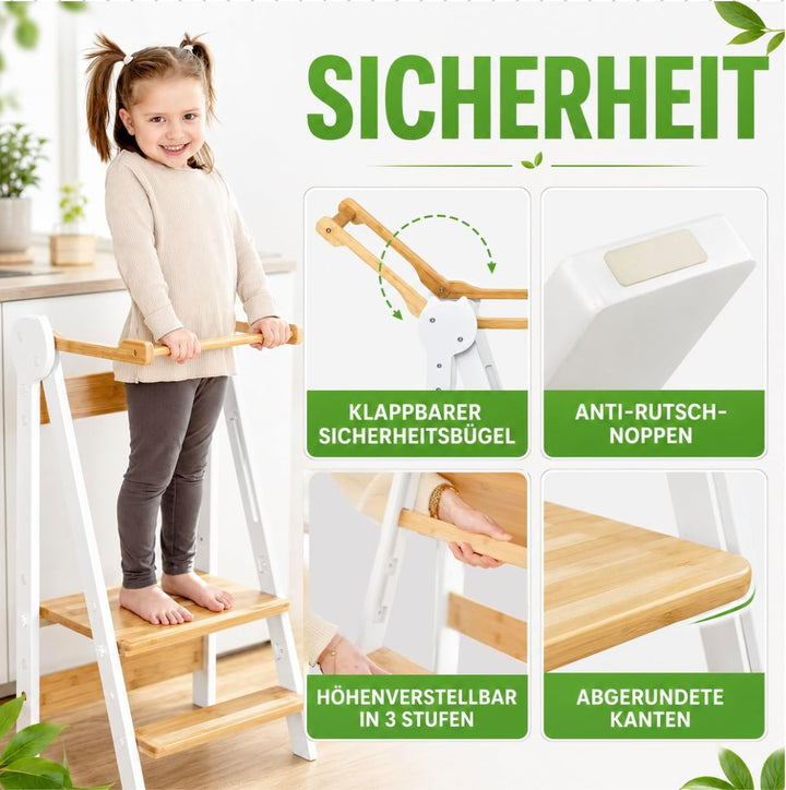 Lernturm Montessori Platzsparend und höhenverstellbar aus Bambus mit Kippschutz für Kinder ab 1 Jahr