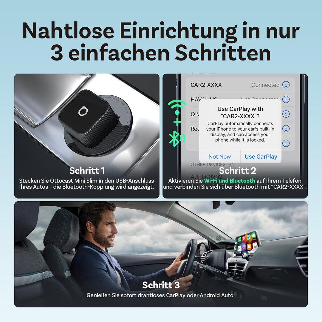 (2025 Aktualisiert) OTTOCAST Kabelloser CarPlay & Android Auto Adapter 2-in-1, Ottocast Mini Slim fü