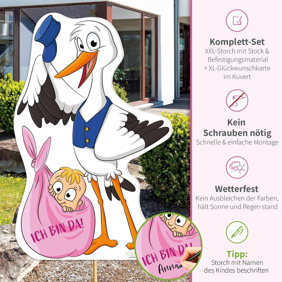 XL Storch zur Geburt Willkommen Baby I rosa Geschenk Mädchen I SET: Geburtsstorch + Stab aus Holz +
