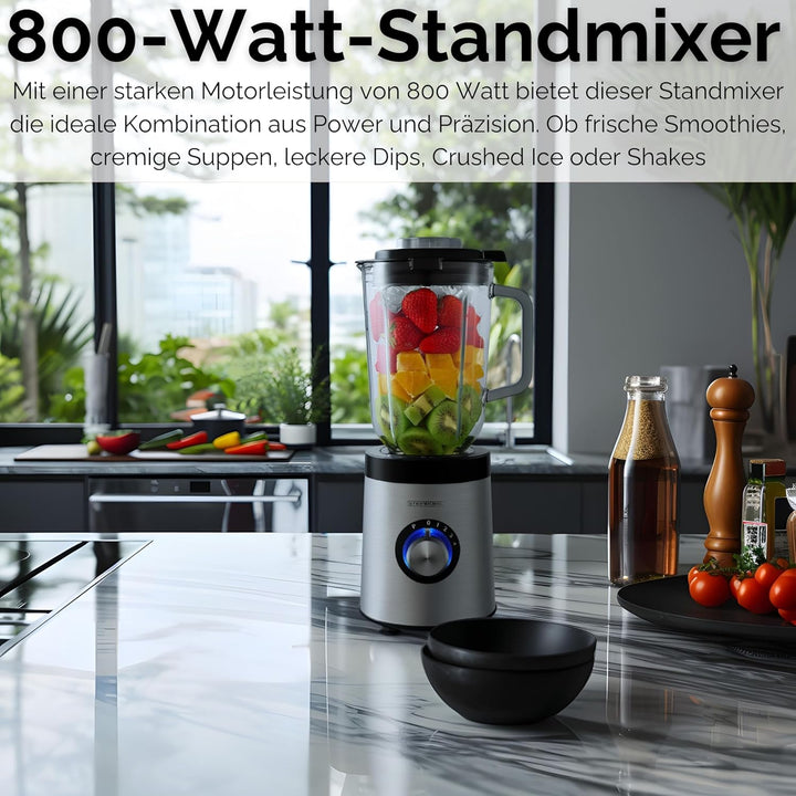 Standmixer | 800 Watt | 6-Fach Metallmesser | 1,5 Liter | 5 Stufen | Glas Edelstahl | Pulsfunktion |