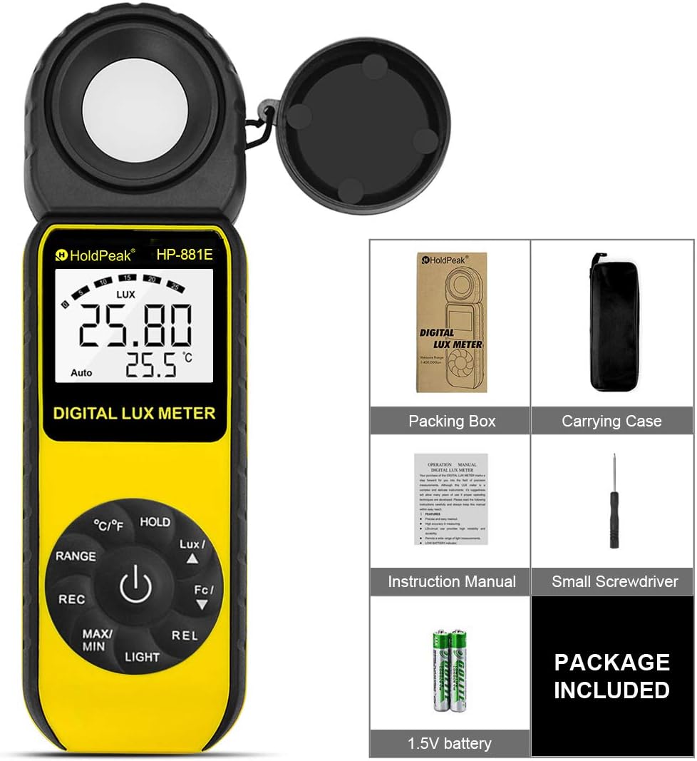 Belichtungsmesser, Digital Luxmeter Lichtmesser 300,000 Lux 881E, Lichtmessung Photometer Meter, mit