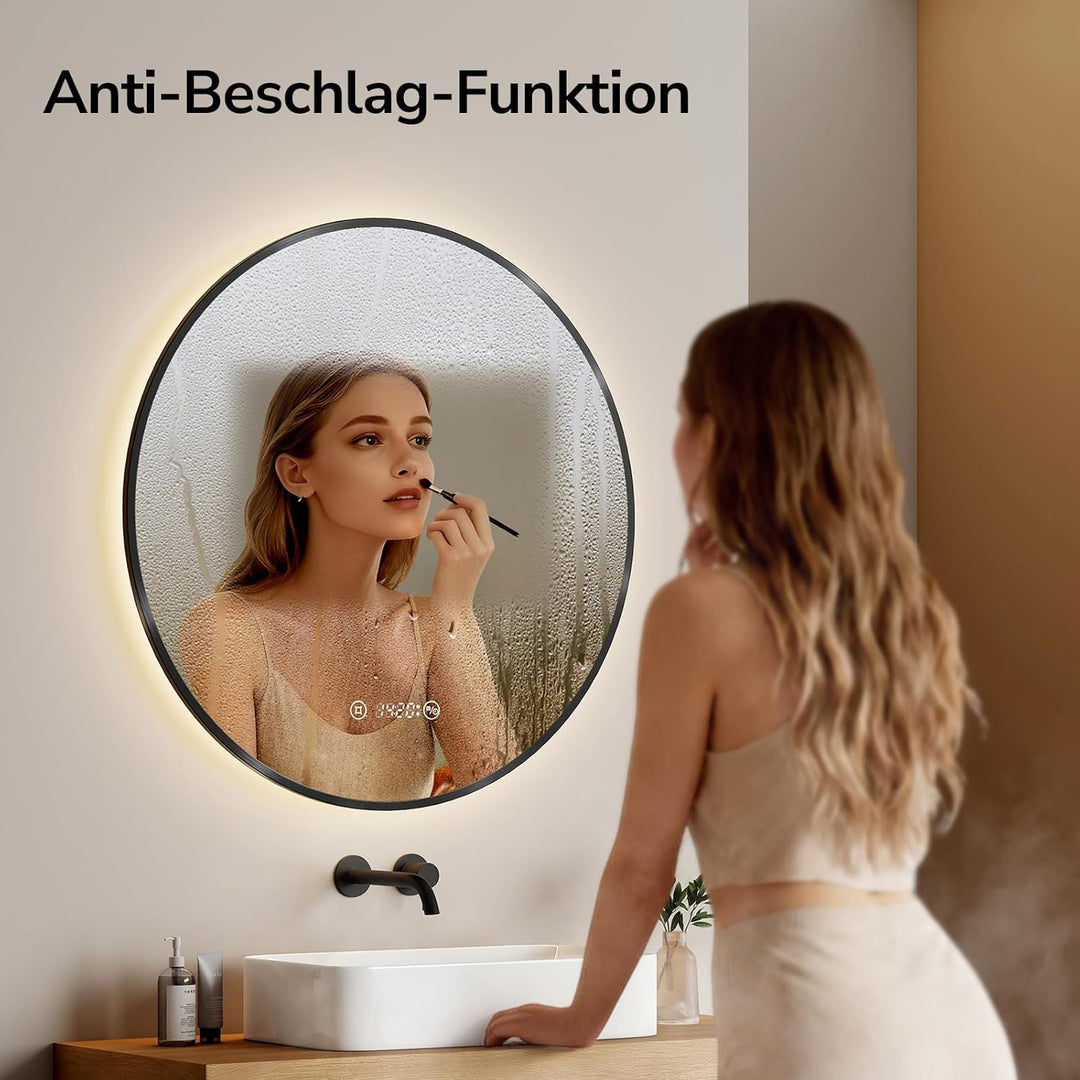 EMKE LED Badspiegel Rund Spiegel mit Beleuchtung ф70cm Badspiegel Schwarzer Rand Badezimmerspiegel m