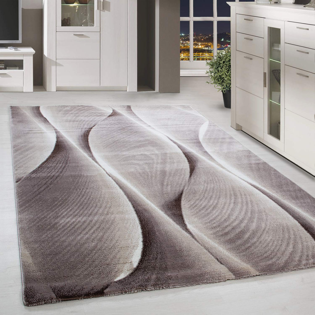 HomebyHome Teppich Wohnzimmer 80x150 cm Läufer Flur Braun Kurzflor Wellen Design - Teppich Schlafzim
