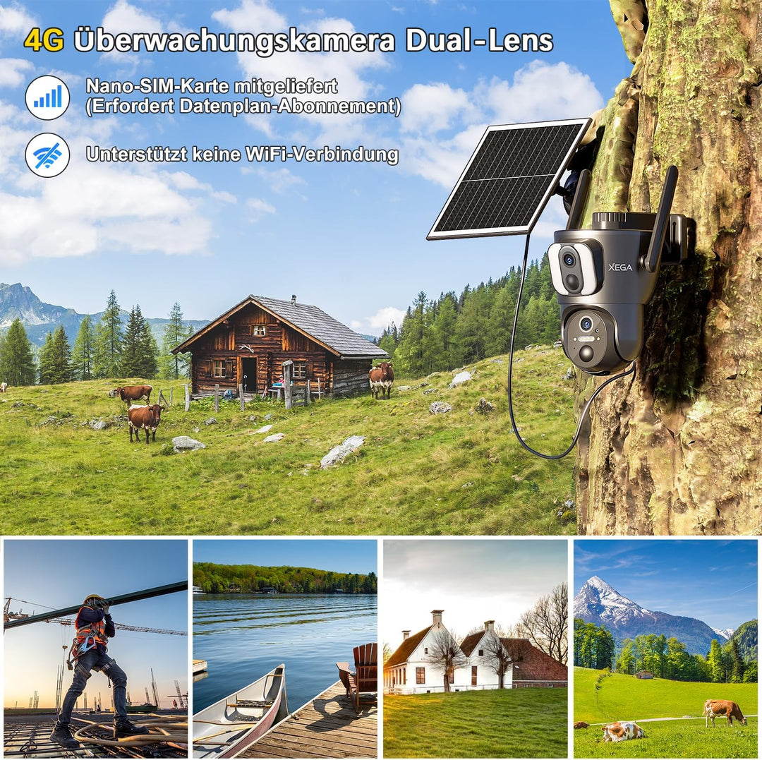 Xega 4G LTE【Doppelte Linse】 Überwachungskamera Aussen mit SIM Karte,14400mAh Akku 2K PTZ Kabellos So