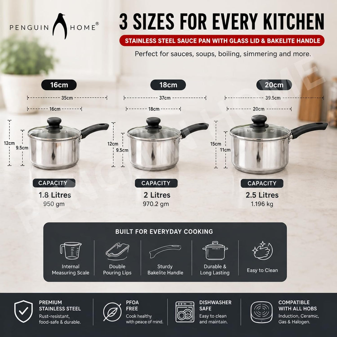 Penguin Home® Kochtopf 20 Cm, 2,5 Liter | Edelstahl-Kochtopf Mit Glasdeckel Und Phenolgriff | Indukt
