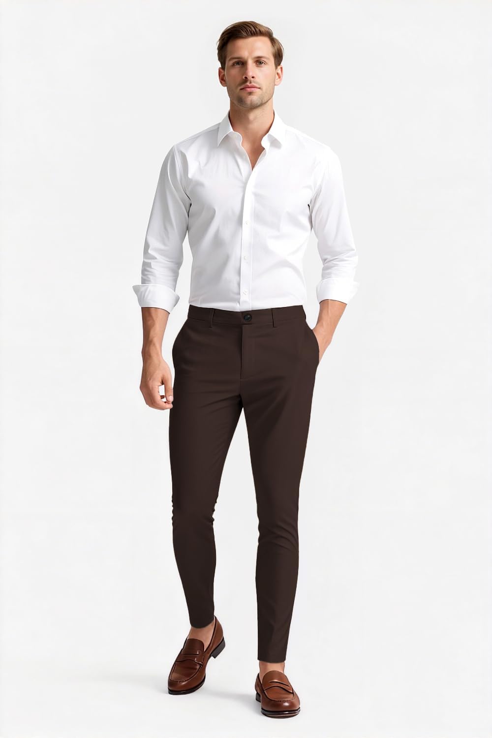 GINGTTO Herren Chino Hose Skinny Chinohose Casual mit Stretch Designer Hose Stoffhose 28W / 30L Brau
