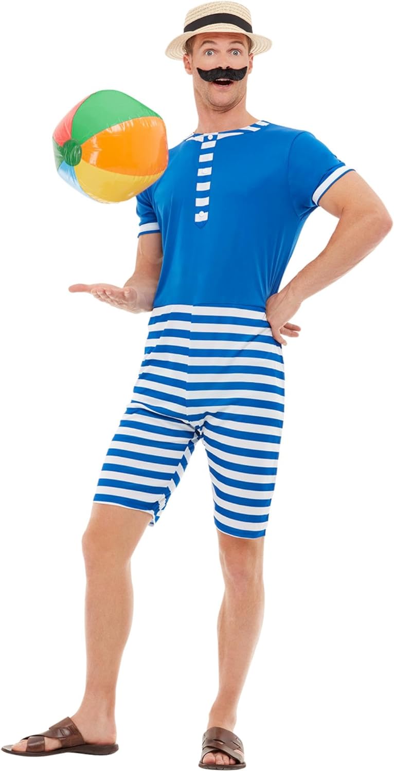 20s Bathing Suit Costume, Blue &amp; White, with Short Jumpsuit, Hat &amp; Moustache (M) 38-40 Blau, 38-40 B