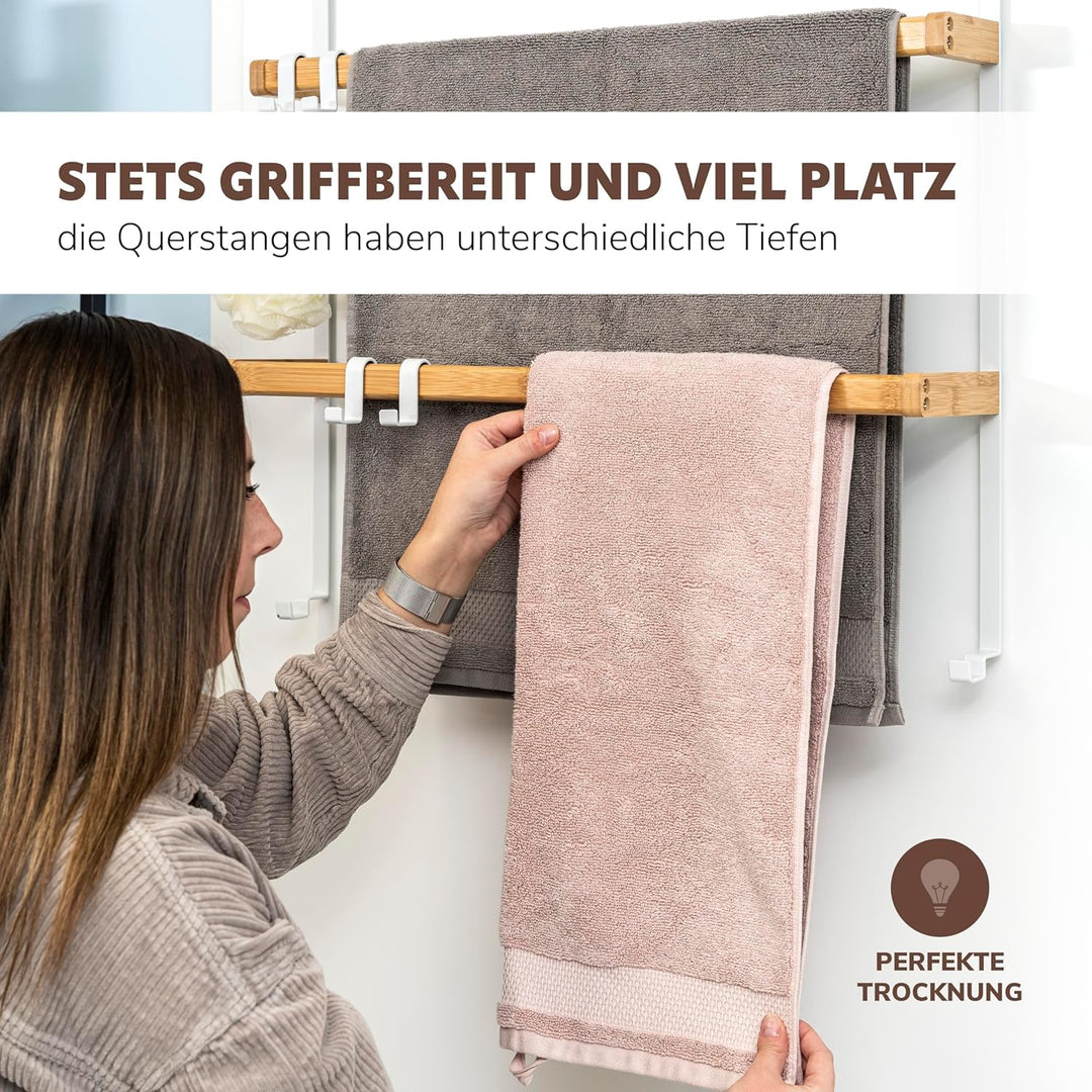 eluno Tür-Hängeregal aus Metall und Bambus, Tür-Handtuchhalter mit 2 Handtuchstangen, 4 praktische H
