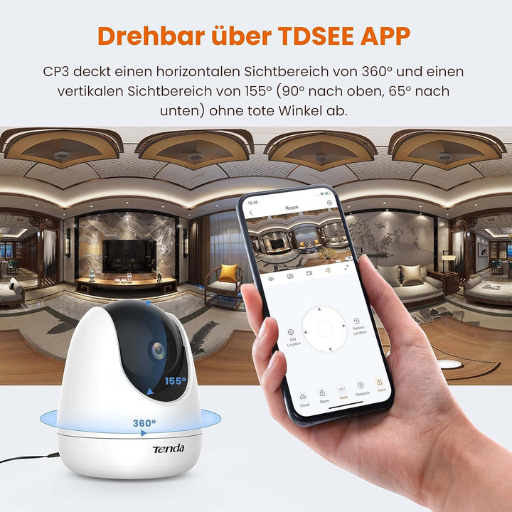 Tenda Überwachungskamera Innen CP3 V2.2, 360 Grad WLAN IP Kamera, 2-Wege-Audio, 1080P, Nachtsicht, T