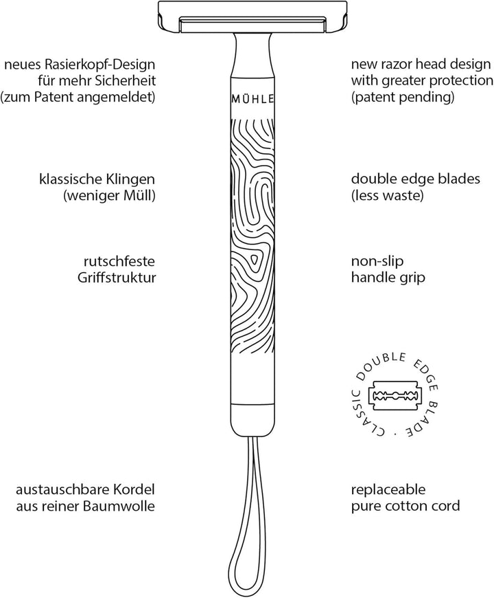 MÜHLE Companion Rasierhobel - Unisex Sicherheitsrasierer mit grauer Kordel - nachhaltige, umweltscho