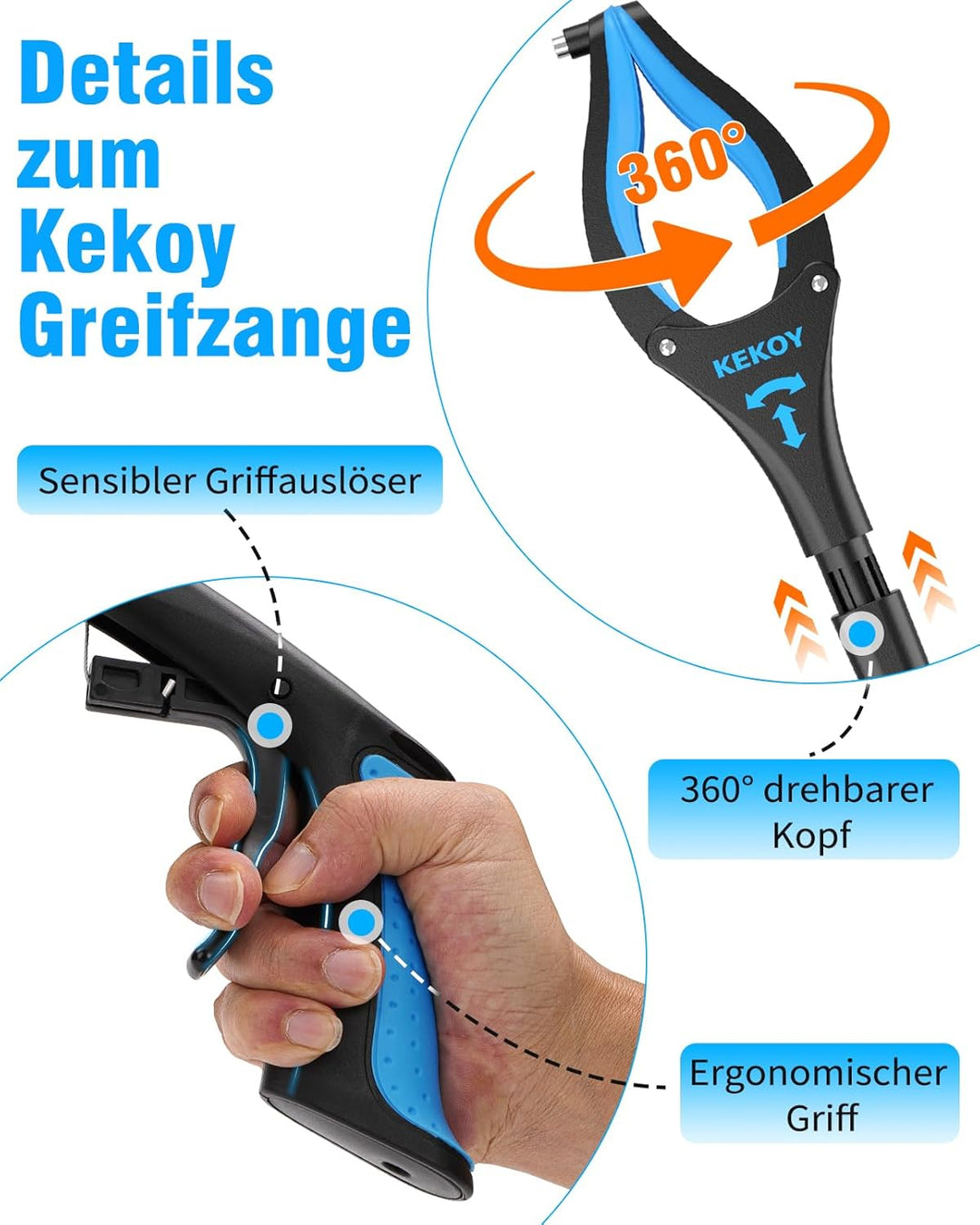 Kekoy Greifzange für Senioren 81cm Aluminium Müllzange, Faltbare Greifer für Senioren, Drehbar Müllg