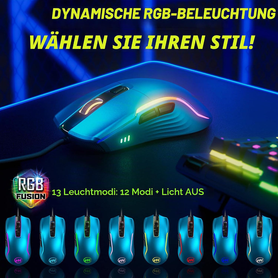 memzuoix Gaming Maus mit Kabel und LED-Lichtern – 12.800 DPI einstellbar, 6 Tasten, 12 RGB-Modi, Erg