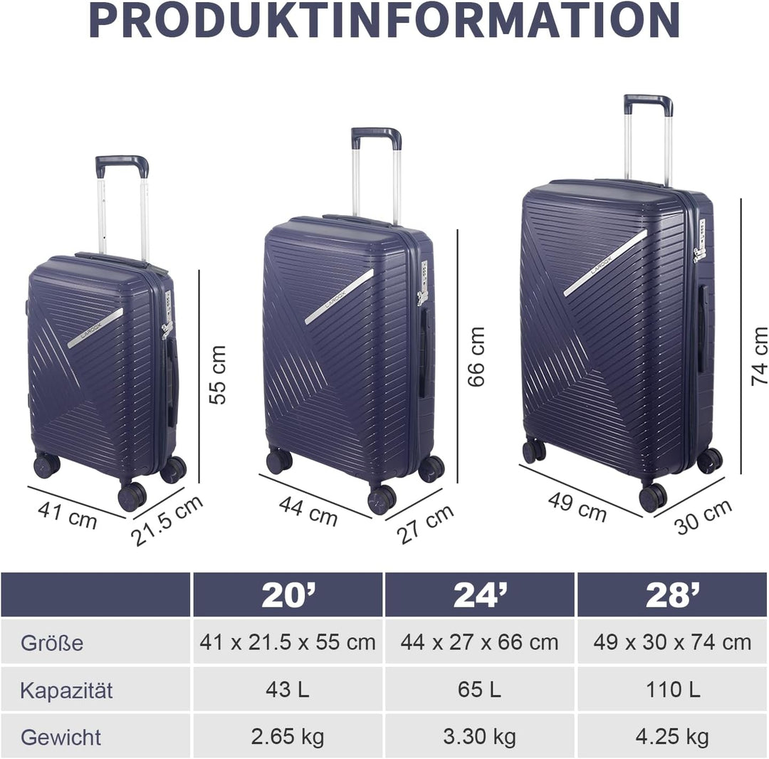 Hartschalen Kofferset 3-teilig aus Polypropylen, 55 cm 66 cm 74 cm (43L 65L 110L), mit TSA Zahlensch