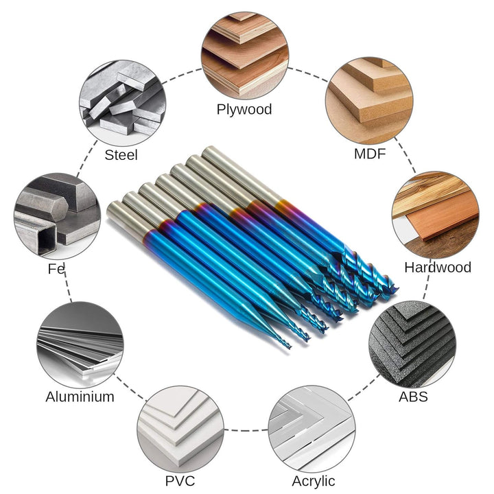 Genmitsu 7 Stücke 3 Flute Schaftfräser für Aluminium, Nano Blue Beschichtung CNC-Fräser-Bits, hohe V