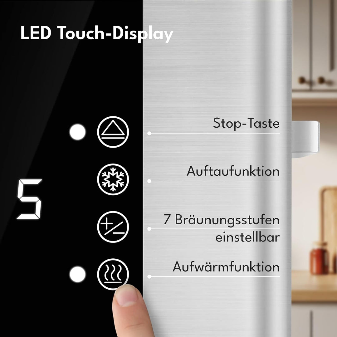 LEBENLANG Edelstahl Toaster mit Brötchenaufsatz 2 Scheiben - Touchscreen LED Display & 7 Stufen I 85