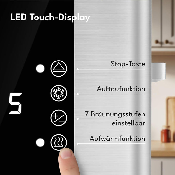 LEBENLANG Edelstahl Toaster mit Brötchenaufsatz 2 Scheiben - Touchscreen LED Display & 7 Stufen I 85