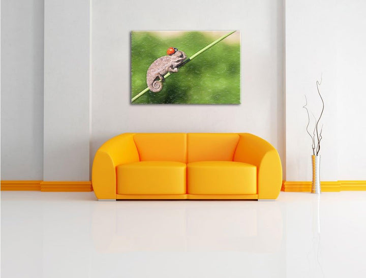 Pixxprint Süsser Gecko mit einem Marienkäfer als Leinwandbild/Grösse: 100x70 / Wandbild/Kunstdruck/f
