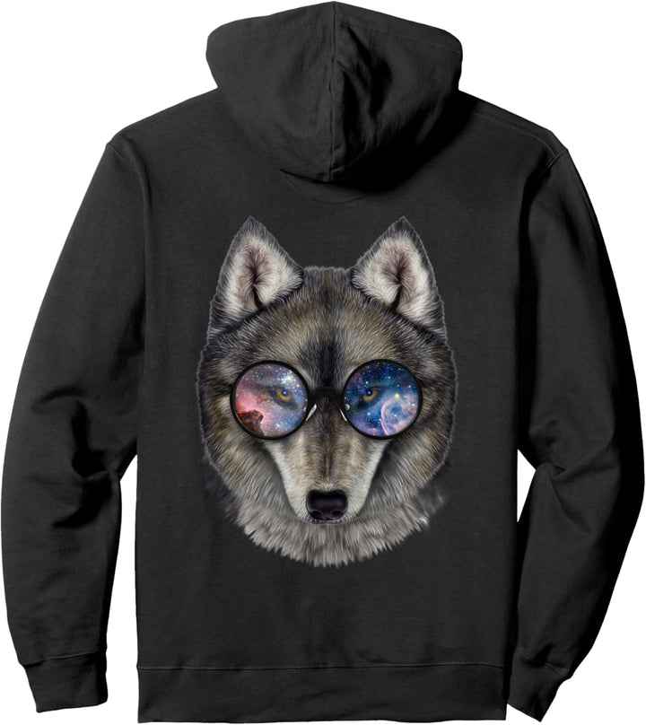 Grauer Wolf, die Raumgalaxiensonnenbrille trägt Pullover Hoodie