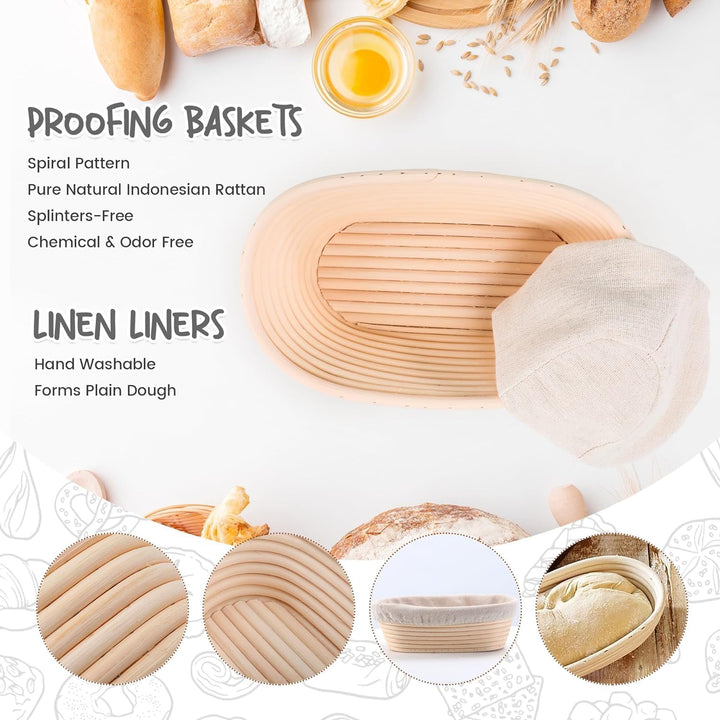 Gärkörbchen-Set, 2 ovale Gärkörbchen (25 cm), Silikon-Brotschlinge, dänischer Teigbesen, Teigschaber