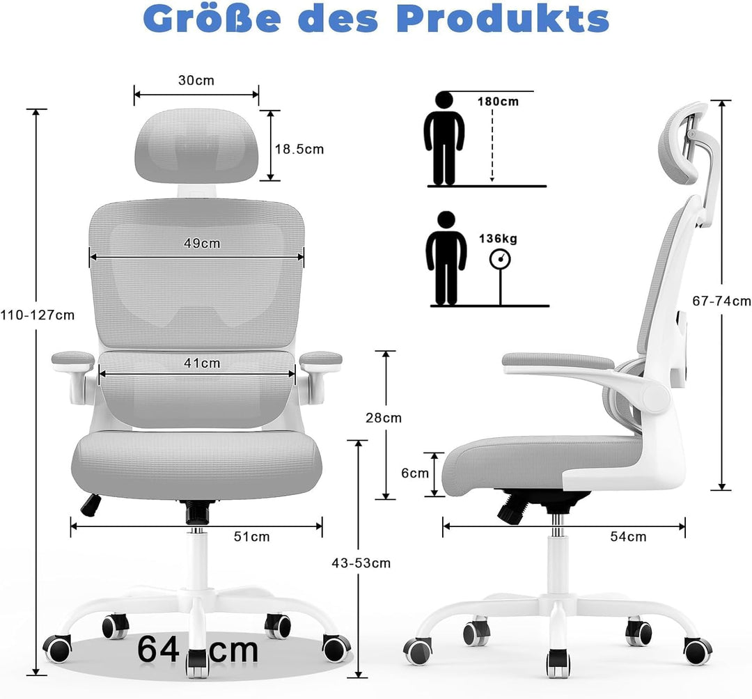 naspaluro Bürostuhl Ergonomischer, Schreibtischstuhl mit Verstellbarer Kopfstütze, Armlehnen, Dynami