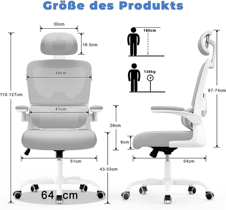 naspaluro Bürostuhl Ergonomischer, Schreibtischstuhl mit Verstellbarer Kopfstütze, Armlehnen, Dynami