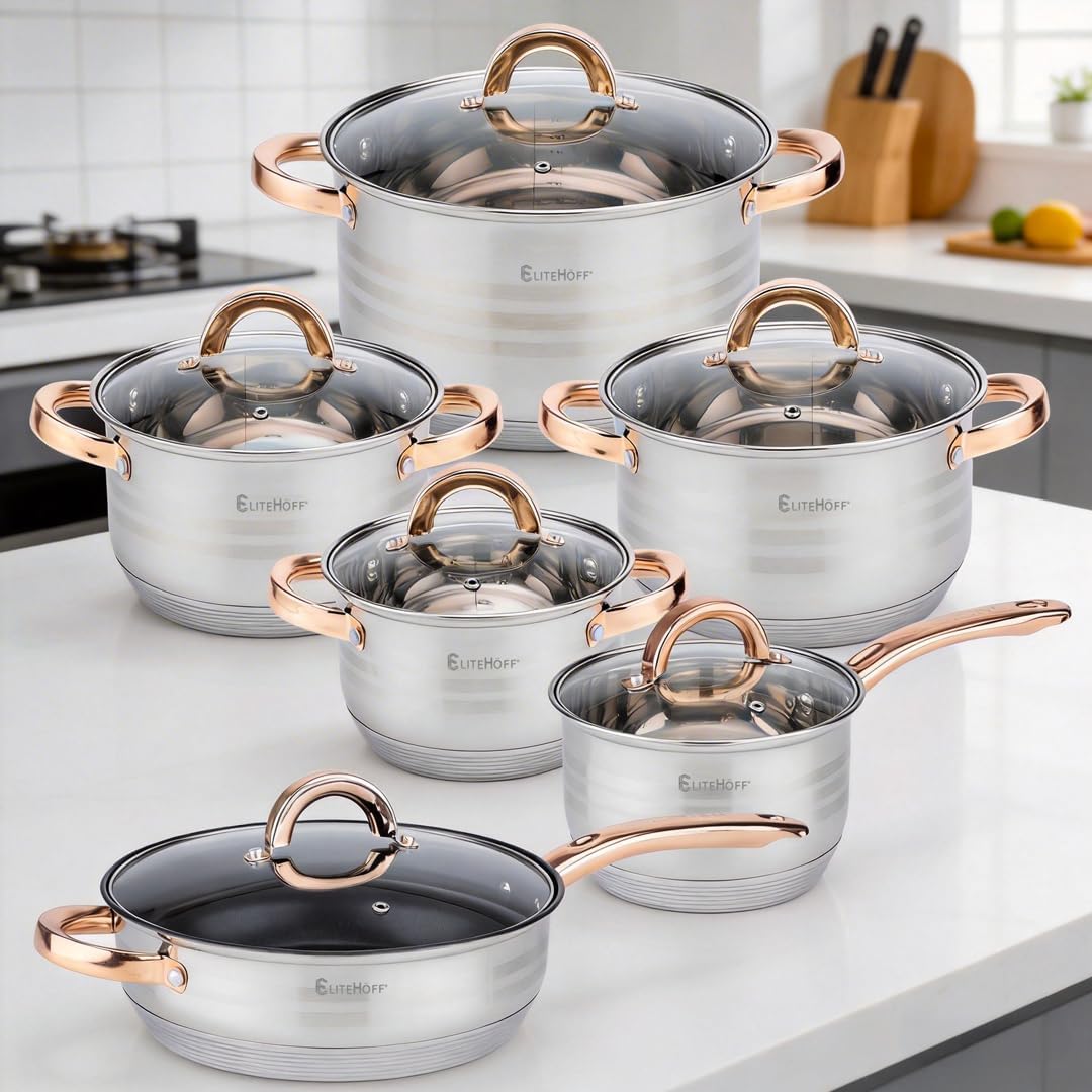 EliteHoff Topfset Induktion, Kochtopf Set mit Glasdeckel, 7-lagiger Edelstahl Topf- & Pfannensets mi