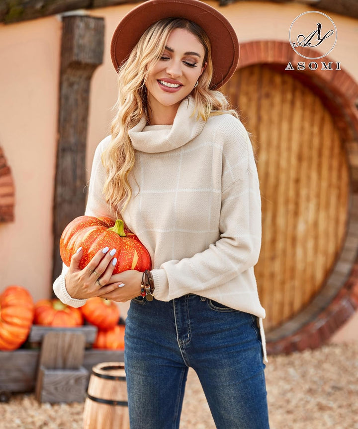 ASOMI Strickpullover Damen Gestreift Kariert: Elegant Rollkragen Pullover Winterpullover Warm Herbst