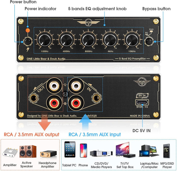 Douk Audio EQ5 Mini Vorverstärker 5-Band EQ Preamp Stereo Analog Equalizer Portable Audio Processor
