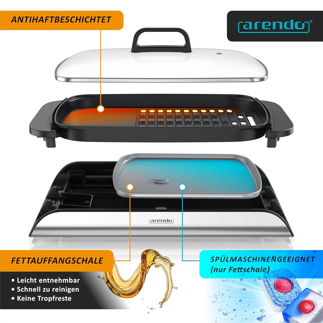 Arendo - Tischgrill Elektrogrill Edelstahl - mit Glasdeckel – extrastark 2000 Watt - Steaks, Würstch