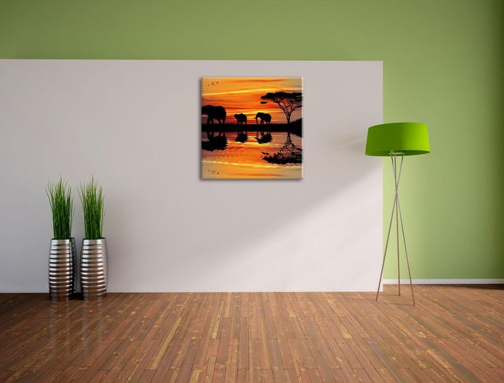 Pixxprint Afrika Elefant in Sonnenschein schwarz/weiss, Format: 70x70 auf Leinwand, 70x70