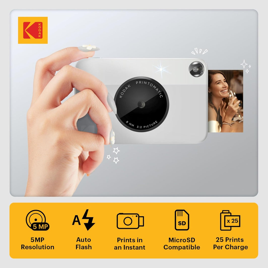 KODAK Printomatic Sofortbildkamera (Grau) Basis-Paket + Zinkpapier (20 Blätter) Etui + Bequemer Hals