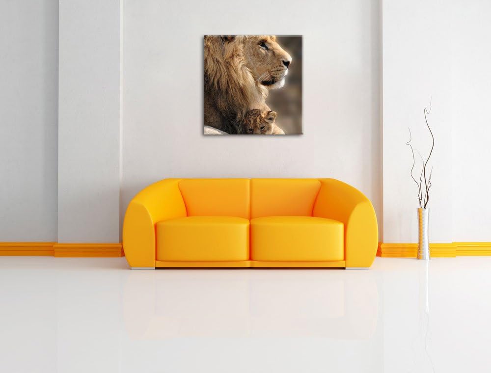 Löwe mit Löwenbaby, Format: 70x70 auf Leinwand, XXL riesige Bilder fertig gerahmt mit Keilrahmen, Ku
