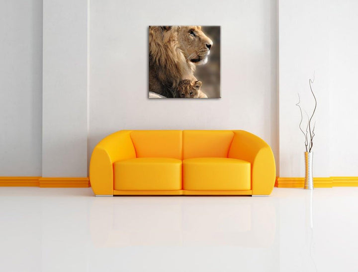 Löwe mit Löwenbaby, Format: 70x70 auf Leinwand, XXL riesige Bilder fertig gerahmt mit Keilrahmen, Ku